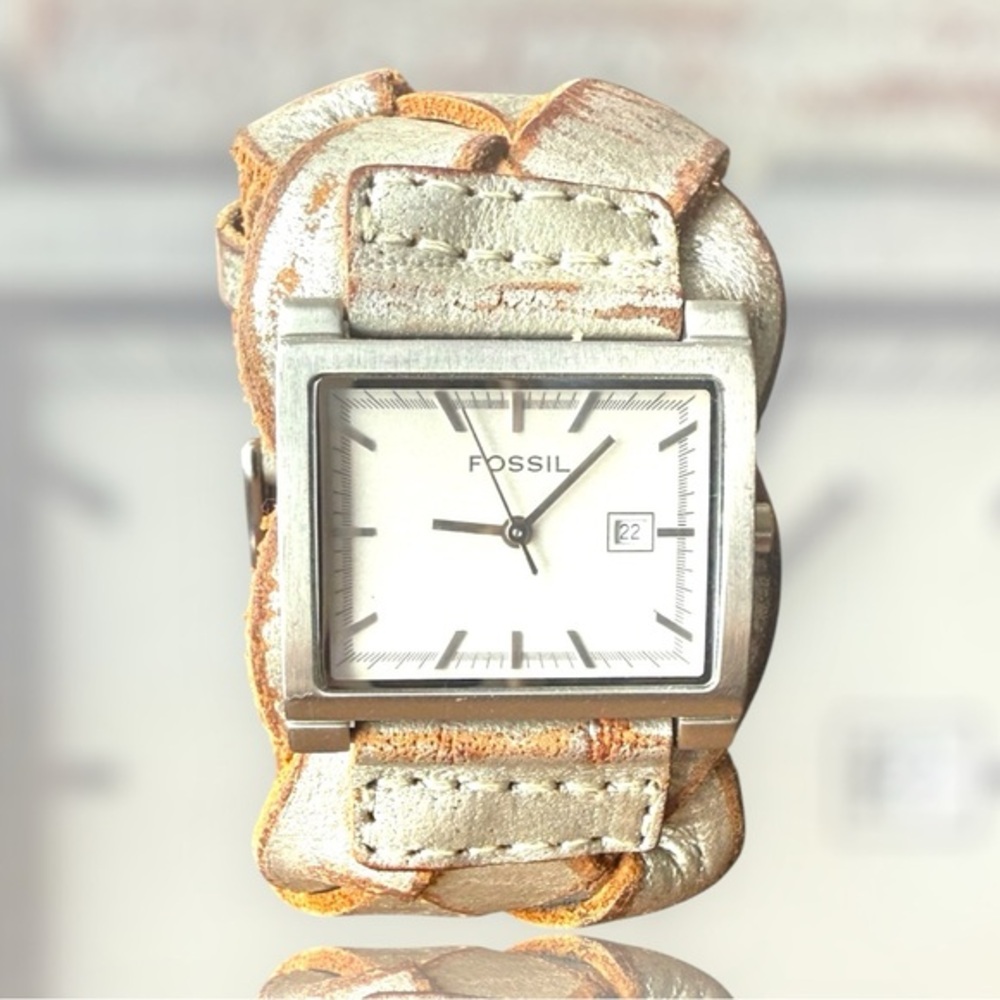 Vintage Fossil 90s Y2K Leather Braided‎ Woven Thick Band Quartz Watch Time Piece